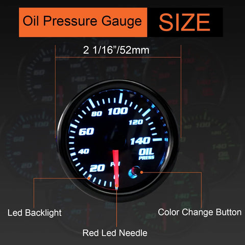 Front view of 7-color 52mm oil pressure gauge with blue LED backlight and red needle, 0–140 PSI
