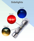 Aurora A8 4th Gen USB C Keychain Flashlight showing red, white, and 365nm UV sidelights with buttons, pocket clip visible.