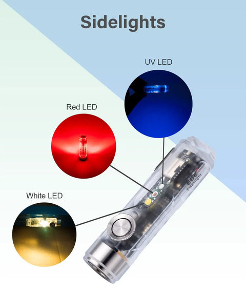 Aurora A8 4th Gen USB C Keychain Flashlight showing red, white, and 365nm UV sidelights with buttons, pocket clip visible.