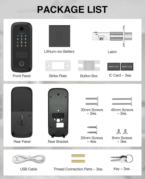 Package contents for Video Smart Lock With Camera 2K HD, Keyless Entry, Rechargeable Battery, App Control, Fingerprint ID