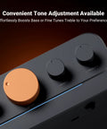 Close-up of Bluetooth Amplifier For Outdoor Speakers With Built In DAC And Four Channel Power Amp showing tone adjustment knobs.