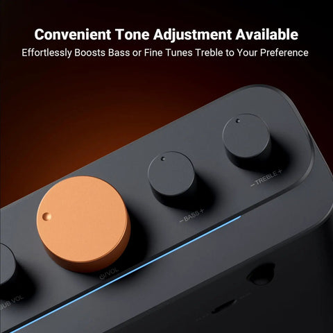 Close-up of Bluetooth Amplifier For Outdoor Speakers With Built In DAC And Four Channel Power Amp showing tone adjustment knobs.