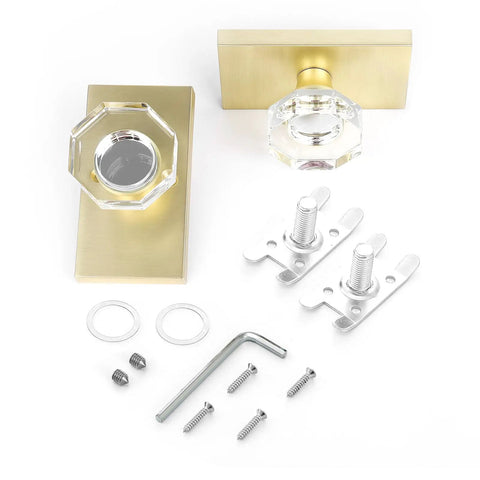Octagon Glass Crystal Dummy Door Knob Satin Brass Non Turning Gold For Closet And Hall 4 Pack with installation parts