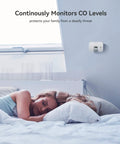 Carbon Monoxide Alarm Detector With 10 Year Life mounted on bedroom wall monitoring CO levels above sleeping person.