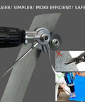 Sheet Metal Nibbler Drill Attachment cutting metal sheet with electric drill for burr-free DIY projects