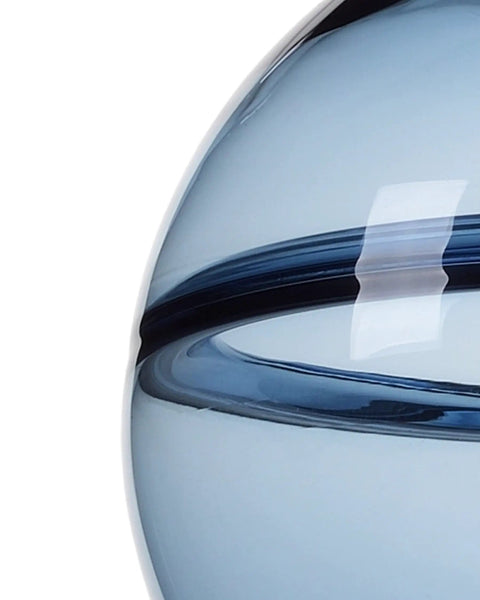 Close-up of a Hand Blown Glass Pendant Lights In Modern Blue With Brushed Nickel Globes, Ideal For Kitchen Island Or Dining Room Table.