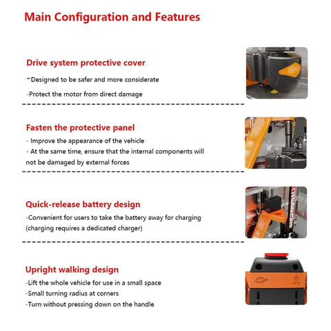 Main features of Heavy Duty Full Electric Pallet Jack Truck With 6600 Lb Capacity showcasing protective cover, battery design and upright walking design.