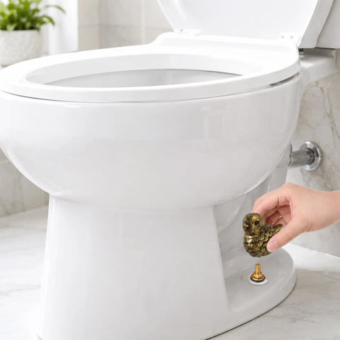 Hand placing Super Dope Bronze Ceramic Toilet Bolt Covers Featuring Charming Bird Sculpture near a white toilet base.