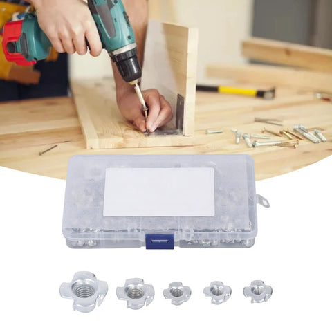 80 Piece T Nut Hardware Set for Wood and Metal, 4 Pronged Tee Nuts in use with DIY woodworking drill setup