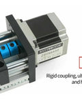 Close-up of a 100mm CNC Linear Stage Actuator with Double Optical Axis Rails, 1605 Ball Screw, and Nema23 Motor coupling mechanism.