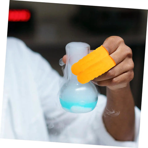 Person holding a lab beaker with smoke, wearing Top Shelf 100 Pack Yellow Latex Finger Sleeves Made To Straight Up Shield Blister Friction And Pain For Heavy Lifting Daily Tasks Smooth Moves And Maximum Grip Keep Digits Locked Safe With Zero Sweat.