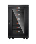 Heavy Duty Rock Solid Battery Server Rack With Enclosed Steel Cabinet And Swivel Casters Includes 600A Bus Bar Covers Pre Assembled Ready To Roll, black steel cabinet with five battery slots.