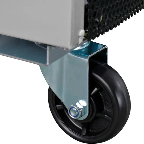 Close-up of wheel on Badass Heavy Duty Commercial Reach In Refrigerator featuring sturdy design for mobility and stability.