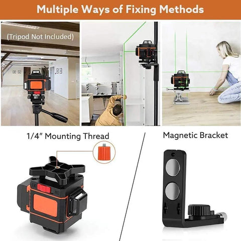 Image showing Self Leveling Laser Level Kit With Four 360 Degree Green Beams, 100ft Range, on magnetic bracket and floor setup