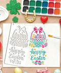 Spring Season Reusable Art Stencils For Painting 12 Piece Collection featuring heart clover and rabbit motifs, stencil showing Easter basket design.