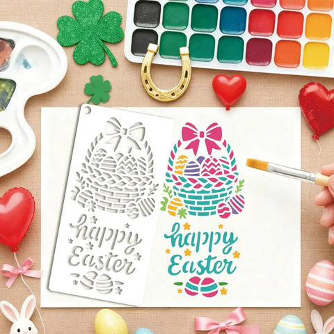 Spring Season Reusable Art Stencils For Painting 12 Piece Collection featuring heart clover and rabbit motifs, stencil showing Easter basket design.
