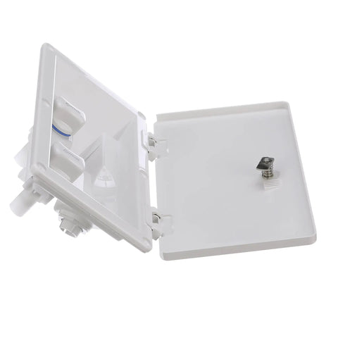 Open view of Swim And Rinse Transom Shower With Hot And Cold Water, white ABS housing, lockable hinged cover, for boats