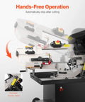 Heavy Duty Metal Horizontal Band Saw Built For Boss Level Tough Metal Wood And Plastic Cutting With 7 By 8.25 Inch Rectangular Capacity Dual 110 220V Power 1.1 kW Motor 0 To 45 Degree Angle Variable Speed showing hands-free operation and hydraulic gravity feed.
