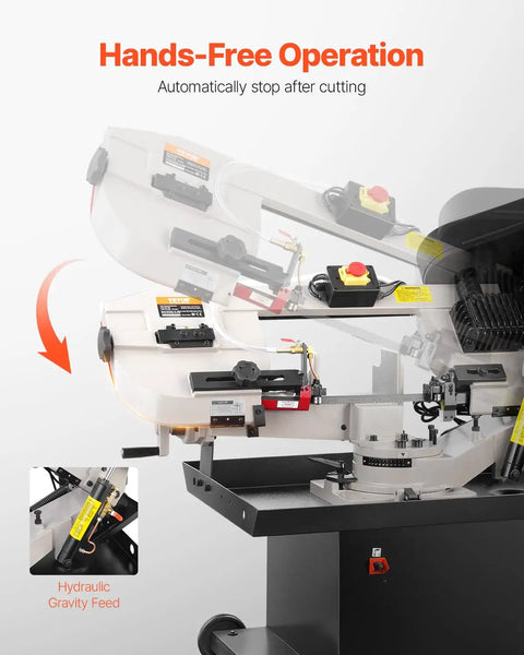Heavy Duty Metal Horizontal Band Saw Built For Boss Level Tough Metal Wood And Plastic Cutting With 7 By 8.25 Inch Rectangular Capacity Dual 110 220V Power 1.1 kW Motor 0 To 45 Degree Angle Variable Speed showing hands-free operation and hydraulic gravity feed.