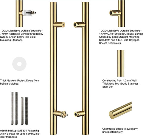 Heavy Duty Back To Back Push Pull Door Handle Set Built Tough 900mm 36 Inches Stainless Steel SUS304 With Solid Standoffs For Wood Timber Glass And Metal Front Doors PVD Finish, detailed view showing gold PVD finish and mounting hardware.