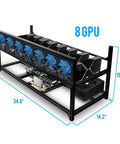 Heavy Duty 8 GPU Mining Rig Case Frame With Premium Aluminum Build, showing dimensions 34.6" x 15" x 14.2" with cooling fans.