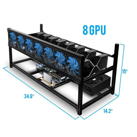 Heavy Duty 8 GPU Mining Rig Case Frame With Premium Aluminum Build, showing dimensions 34.6" x 15" x 14.2" with cooling fans.