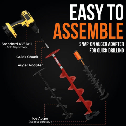 EZ Ice Auger Drill Adapter For Cordless Drill Snap On Quick Connect System diagram with drill and auger components