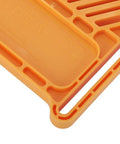 Close-up of Heavy Duty Rock Solid Woodworking Featherboard Premium Steel Adjustable Stackable Safety Clamps For Table Saw Router Table Band Saw Save Knuckles And Workshop Flow Tight showing orange plastic design with feed direction.