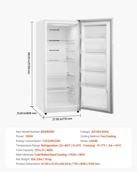 17 Cu Ft Frost Free Upright Freezer And Convertible Refrigerator With Auto Defrost showing interior shelves and dimensions.