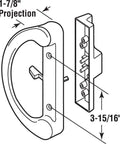 Diagram of Mortise Style Sliding Patio Door Handle Set C 1343 Tan Diecast Non Keyed with measurements shown for installation.