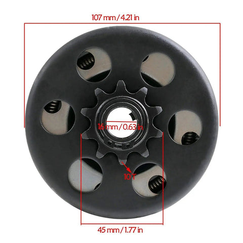 Top Notch Heavy Duty Centrifugal Clutch For Go Kart, 10 Tooth Sprocket, 107mm diameter, 16mm bore, steel build.