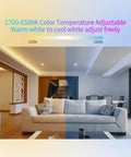 Living room with adjustable lighting showing 2700K warm white and 6500K cool white, demonstrating C02Z Tuya Zigbee 3.0 LED Controller.