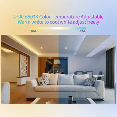 Living room with adjustable lighting showing 2700K warm white and 6500K cool white, demonstrating C02Z Tuya Zigbee 3.0 LED Controller.