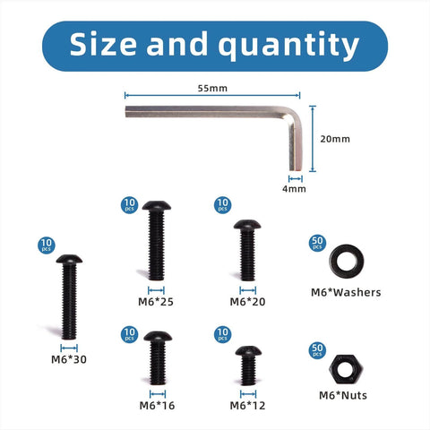 150Pcs M6 Button Head Socket Cap Screws Bolts Nuts Washer Set 10.9 Grade Alloy Steel Black Oxide with sizes and quantity chart