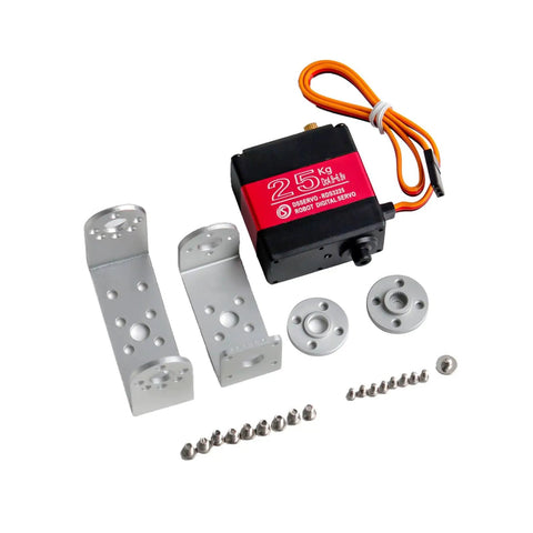 Built Tough Heavy Duty Digital Servo Motor With Solid Full Metal Gears And Killer Twenty Five Kilogram Torque with hardware included.
