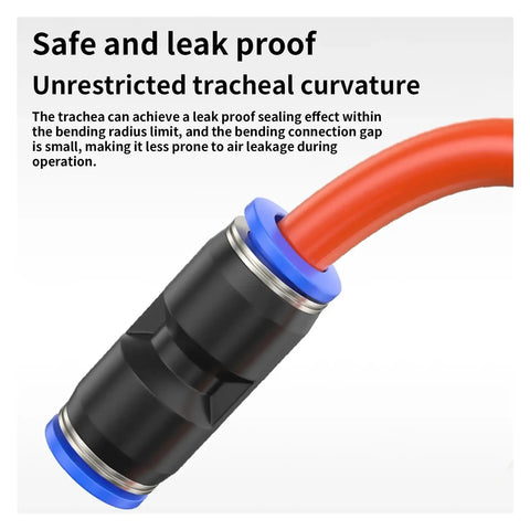 Pro Grade Pneumatic Fittings Kit For Air Hoses Straight Push In Quick Release Connectors 4mm 6mm 8mm 10mm 12mm 14mm 16mm Plastic Hose Couplings Easy Install Durable Black Boxed Pack For DIY And Professional Use. Black plastic push-in air hose fitting with orange tube, leak-proof bend