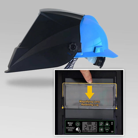 Heavy Duty Pro Grade Wide Shade Auto Darkening Welding Helmet With Solar Power DP9 01 side view with lens insert
