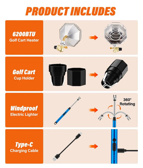 Portable Golf Cart Heater With Cup Holder And Gas Regulator, 6200 BTU Propane Heater With Windproof USB Igniter, product parts
