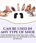 Multiple types of women's shoes with black silhouette of Ultra Thin Sweat And Odor Absorbing Shoe Inserts For Women Size 8-9 Midnight Black 4 Pairs Replaceable Barefoot Liners, Breathable, Secure Fit Insoles