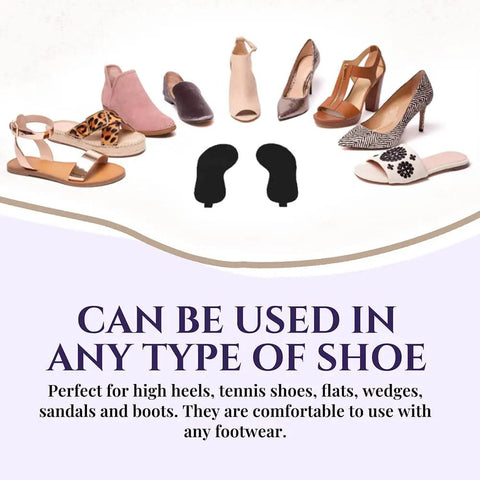 Multiple types of women's shoes with black silhouette of Ultra Thin Sweat And Odor Absorbing Shoe Inserts For Women Size 8-9 Midnight Black 4 Pairs Replaceable Barefoot Liners, Breathable, Secure Fit Insoles