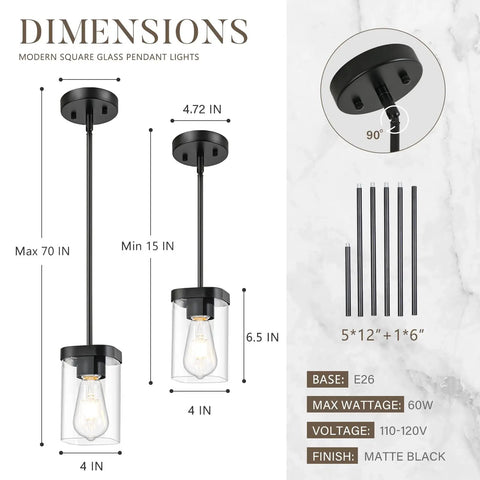 Lit Modern Clear Glass Pendant Lights 3 Pack Adjustable Hanging Lighting For Kitchen Island Hallway Porch Bedroom 60W Equivalent Height Adjustable Cord Sleek Minimalist Ceiling Fixture with dimensions and specifications