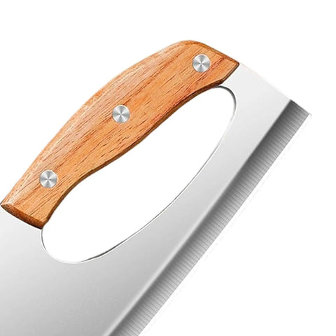Close-up of Heavy Duty Stainless Steel Meat Cleaver with ergonomic wooden handle and sharp blade for home cooking and BBQ.