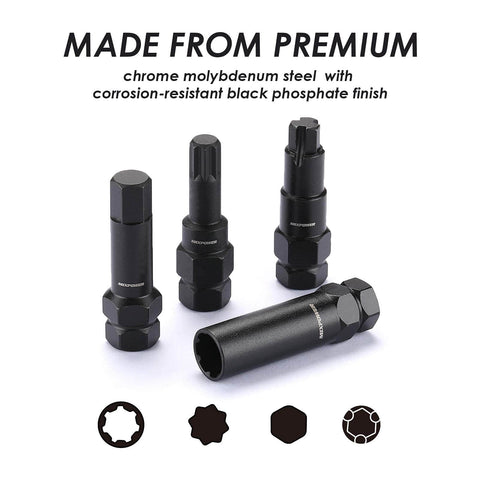 16 Piece Locking Lug Nut Master Key Set with spline star hex keys, premium CR-Mo steel, corrosion-resistant finish, close-up view.