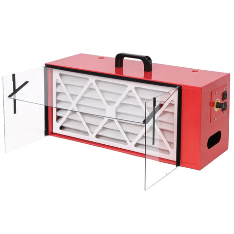 Big Air Small Footprint Portable Tabletop Dust Collector With 725 Cfm Crossflow Fans, showing red housing and filter access doors.