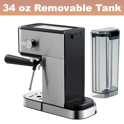 Kick Up Your Coffee Game With This Slick Dual Boiler Espresso Machine featuring 20 Bar Pressure, a 34 oz removable tank.