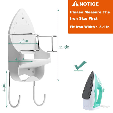 Super Handy Wall Mounted Iron And Ironing Board Hanger, white finish, dimensions labeled, shown with measuring instructions.