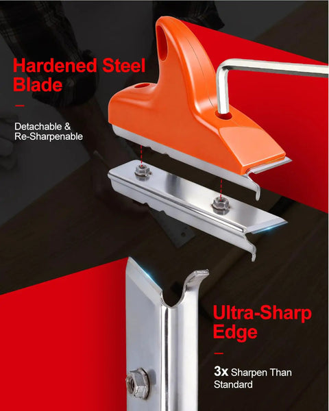 Legendary 3 In 1 Edge Banding Trimmer With Rock Solid Stainless Blades, easy cut wood veneer and PVC edges, highlighting ultra-sharp hardened steel blade.