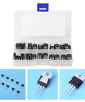 60 Piece Transistor Assortment Kit With 10 Values Storage Box L7805CV And LM317T Included Perfect For Electronics Pros And Hobbyists Clear Markings Well Packed Great For Quick Repairs And Projects shown in open box with individual transistors displayed