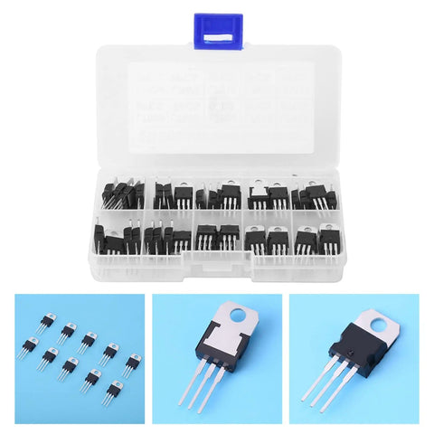 60 Piece Transistor Assortment Kit With 10 Values Storage Box L7805CV And LM317T Included Perfect For Electronics Pros And Hobbyists Clear Markings Well Packed Great For Quick Repairs And Projects shown in open box with individual transistors displayed