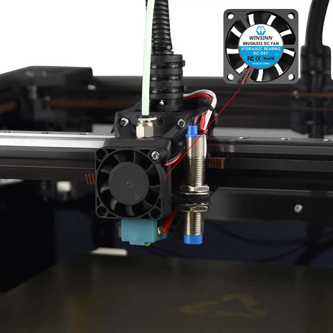 40mm 24V Brushless Cooling Fan 40x10mm With 1m Cable installed on a 3D printer, showing front angle with wiring detail.